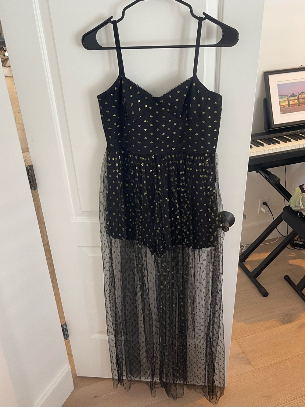 Black Maxi Dress with Gold Dot Overlay and Spaghetti Straps
